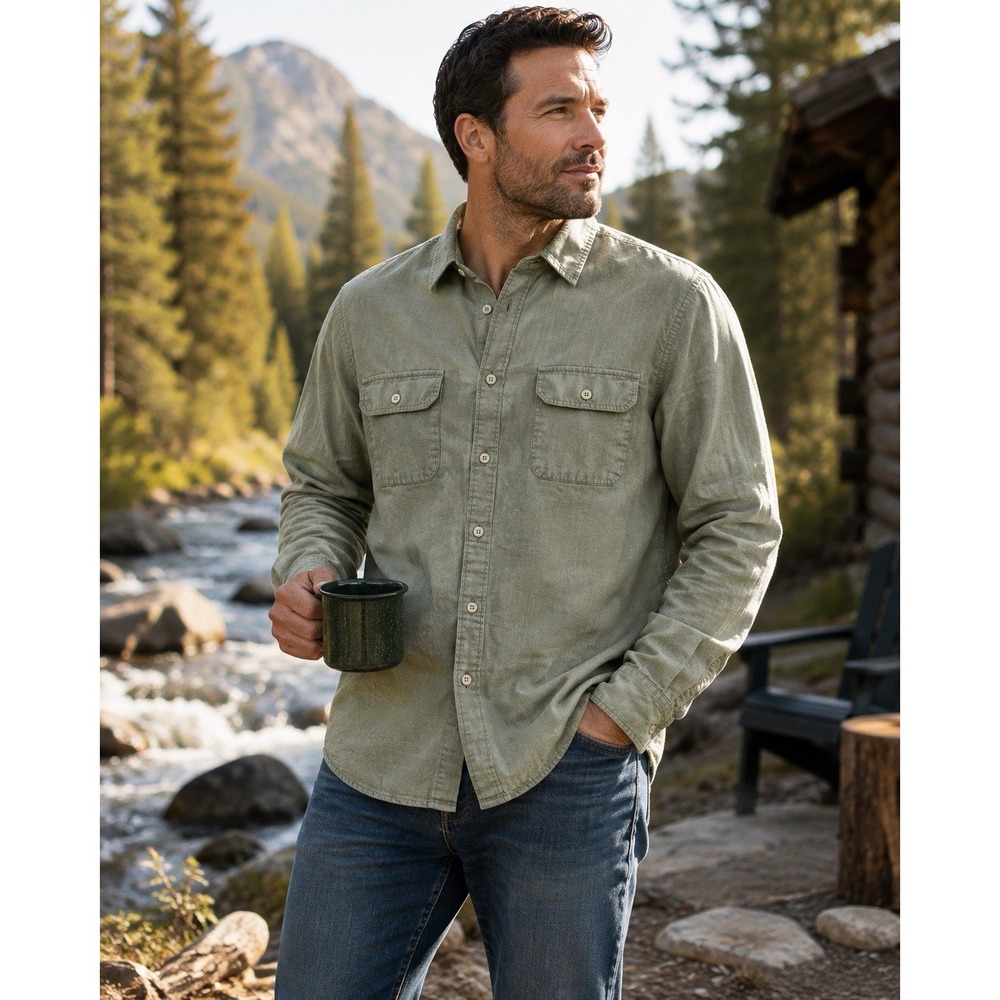 Orvis Men's Medium Sage Green Linen Cotton Shirt Long Sleeve Outdoor Utility